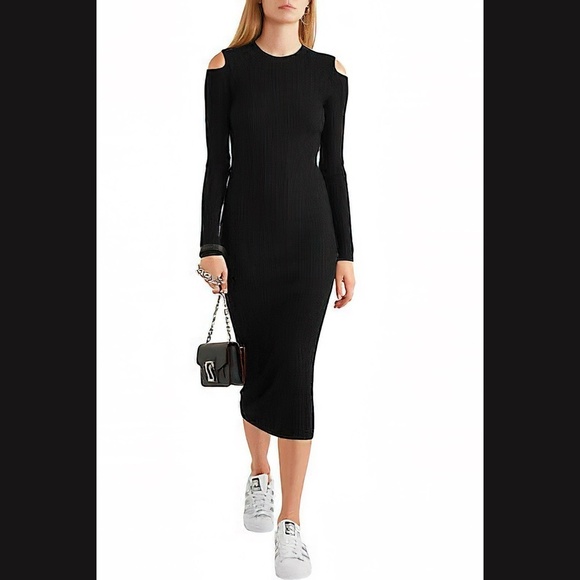 $495 THEORY Jemlora Cutout Cold Shoulder Ribbed Wool Dress SMALL - Picture 4 of 10